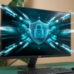 The image showcases a sleek desktop computer with dynamic visuals radiating from the screen, representing optimized performance and speed, complemented by subtle digital locks and shields for security, all within an inviting setting that uses iolo's brand colors of blue and green to evoke trust and innovation.
