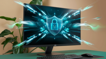 The image showcases a sleek desktop computer with dynamic visuals radiating from the screen, representing optimized performance and speed, complemented by subtle digital locks and shields for security, all within an inviting setting that uses iolo's brand colors of blue and green to evoke trust and innovation.