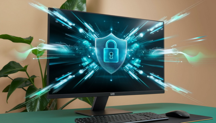 The image showcases a sleek desktop computer with dynamic visuals radiating from the screen, representing optimized performance and speed, complemented by subtle digital locks and shields for security, all within an inviting setting that uses iolo's brand colors of blue and green to evoke trust and innovation.